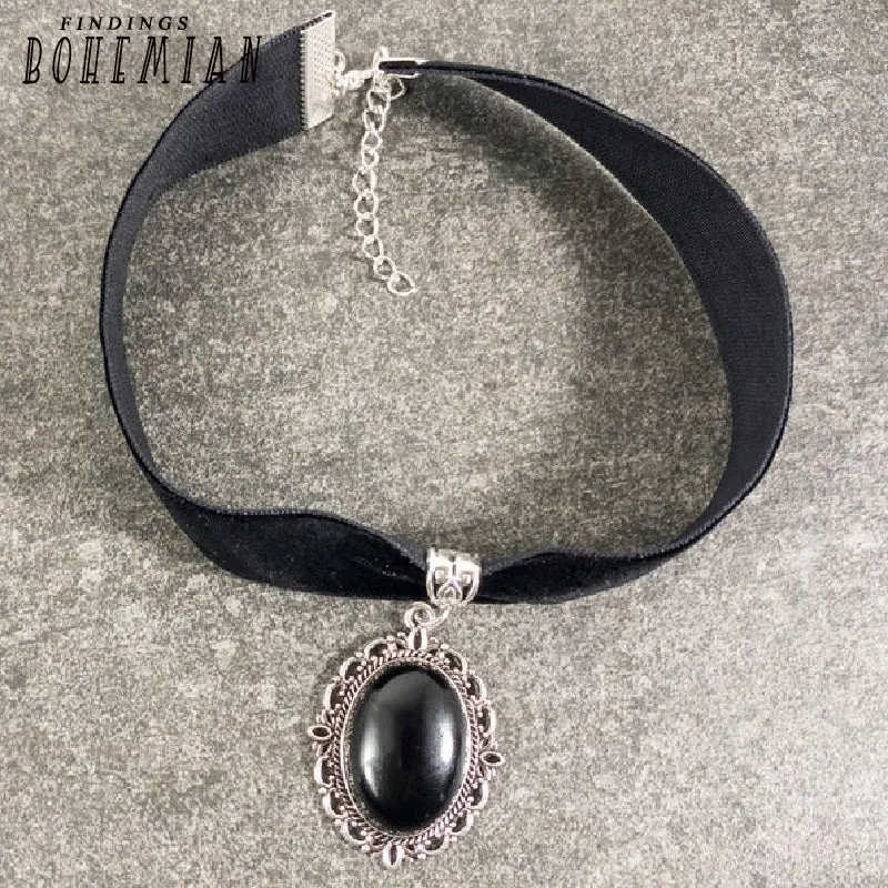 Gothic Black Agate Choker Velvet Fashion Goth Jewelry Women Gift Pagan Wiccan Medieval Pendant Statement Renaissance Necklace