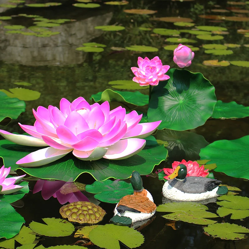 Artificial Lotus Water Lilies Silk Floating Flowers Head Plants Leaf for Fish Pond Tank Home yard Garden Hotel Buddha Decoration