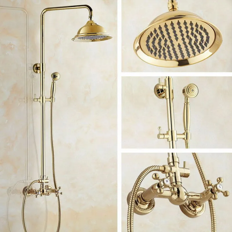 

Gold Color Brass Wall Mounted Bathroom 8 Inch Round Rainfall Shower Faucet Set Bath Mixer Tap Hand Shower mgf323