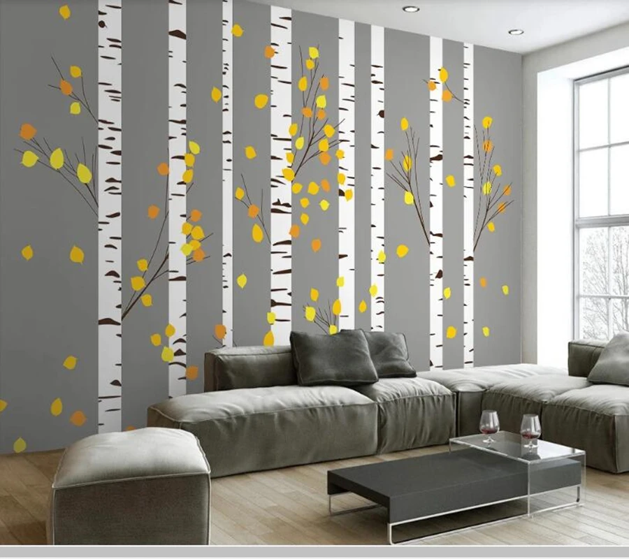 

Papel de parede Modern gray background birch wood leaves 3d wallpaper mural,living room children bedroom wall papers home decor