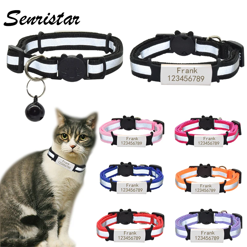 Custom Reflective Nameplate Cat Collar Bell Personalized Safety Nylon Engraved ID Name Tag Cat Collar Necklace Pet Kitten Collar