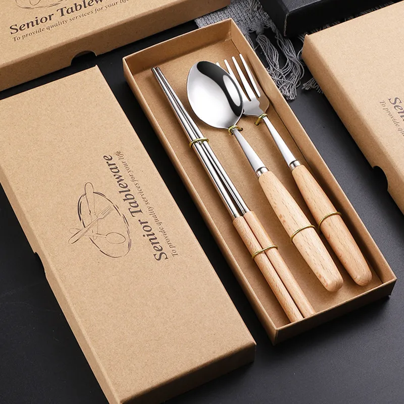 New Steel Wooden Handle Tableware Set Spoon Chopsticks Knife Fork Gift Set