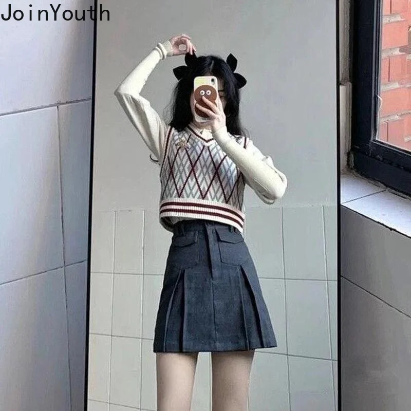 Joinyouth Vintage Knit Cropped Sweater Vest Embroidery Anime Sweaters V-neck Y2K Tank Top Fashion Korean Plaid Women Pullovers