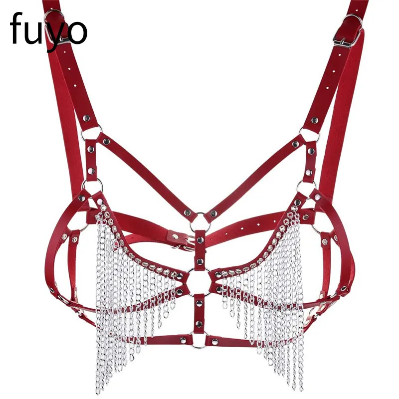

2021 Pu Leather Chain Harness Body Chest Goth Punk Sexy Chain Necklace Women Festival Fashion Necklaces Chains Cage Bondage