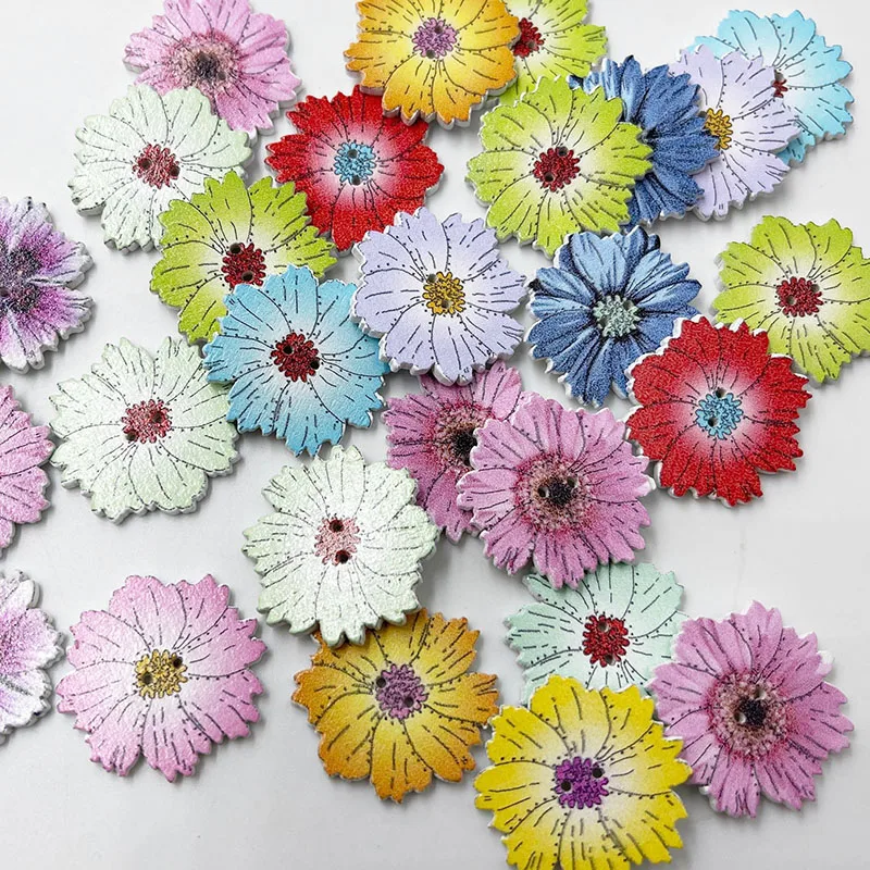 25/50/100PCS 25MM Sunflower Mixed Flower Painted Wooden Buttons Decorative Buttons for Sewing Scrapbooking Crafts DIY WB803