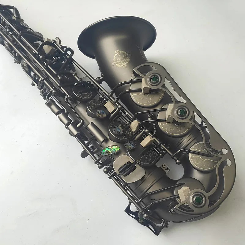 New Japan suzuki Retro Eb Alto Saxophone Unique Matte Black Nickel Plated Carved Surface E Flat Instrument Sax With Case