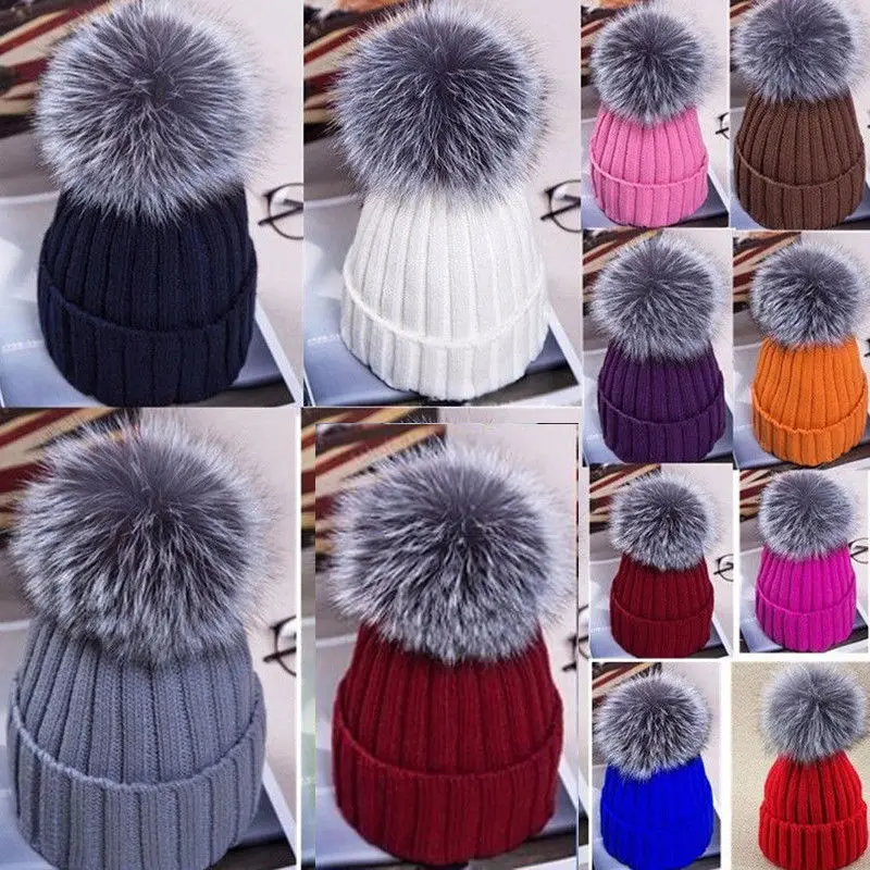 

Women Ladies Warm Winter Beanie Large Faux Fur Pom Pom Bobble Hat Knitted Ski Cap Causal Cap