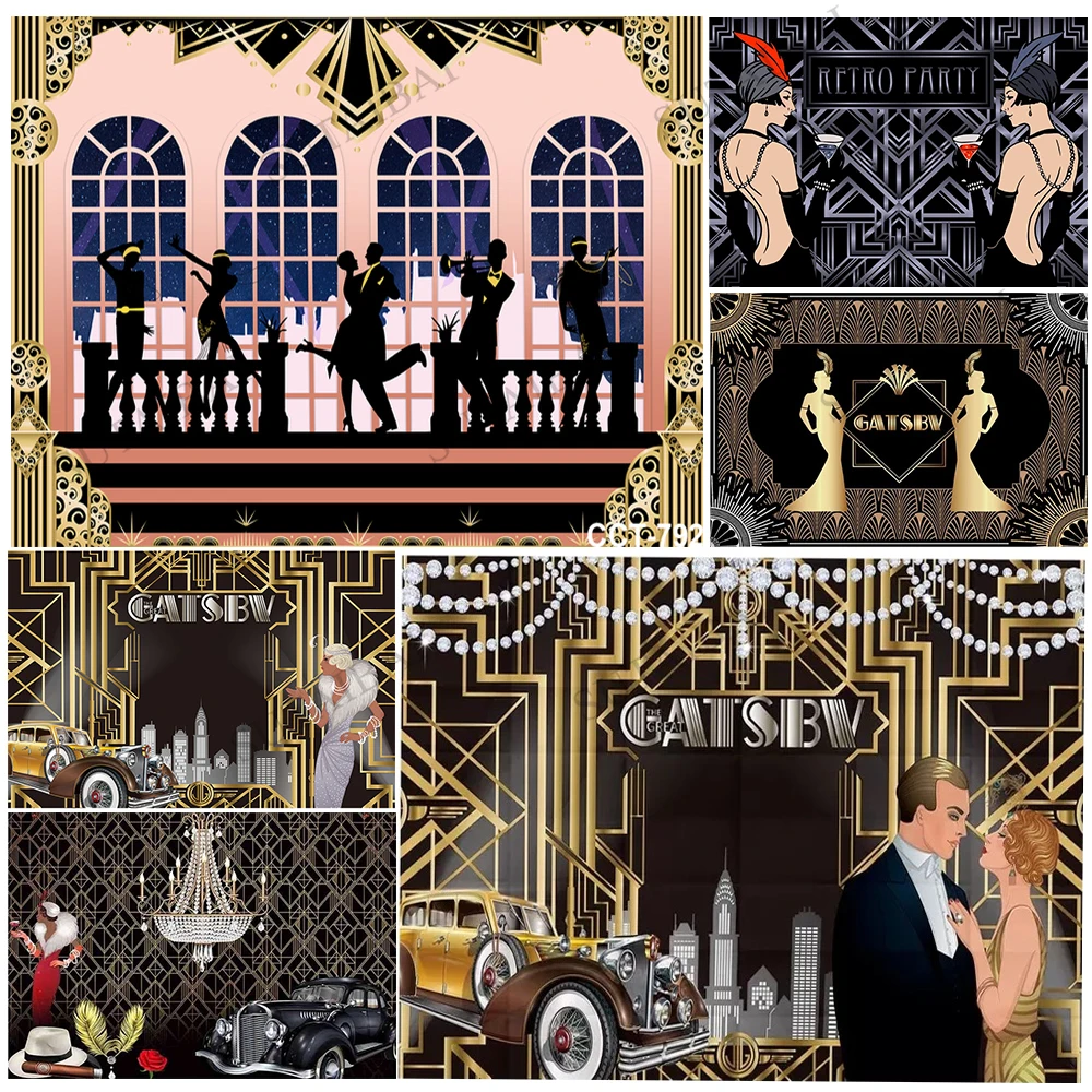 Great Gastby Photography Backdrops 1920s Black Gold Birthday Party Background Gangster Vintage 20's Decor Photo Backdrop Studio