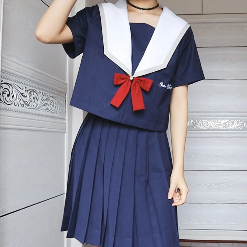 Conjunto de uniforme JK bordado, Blusa de manga larga y Falda plisada con lazo de Color azul marino, bonito estudiante japonés, novedad