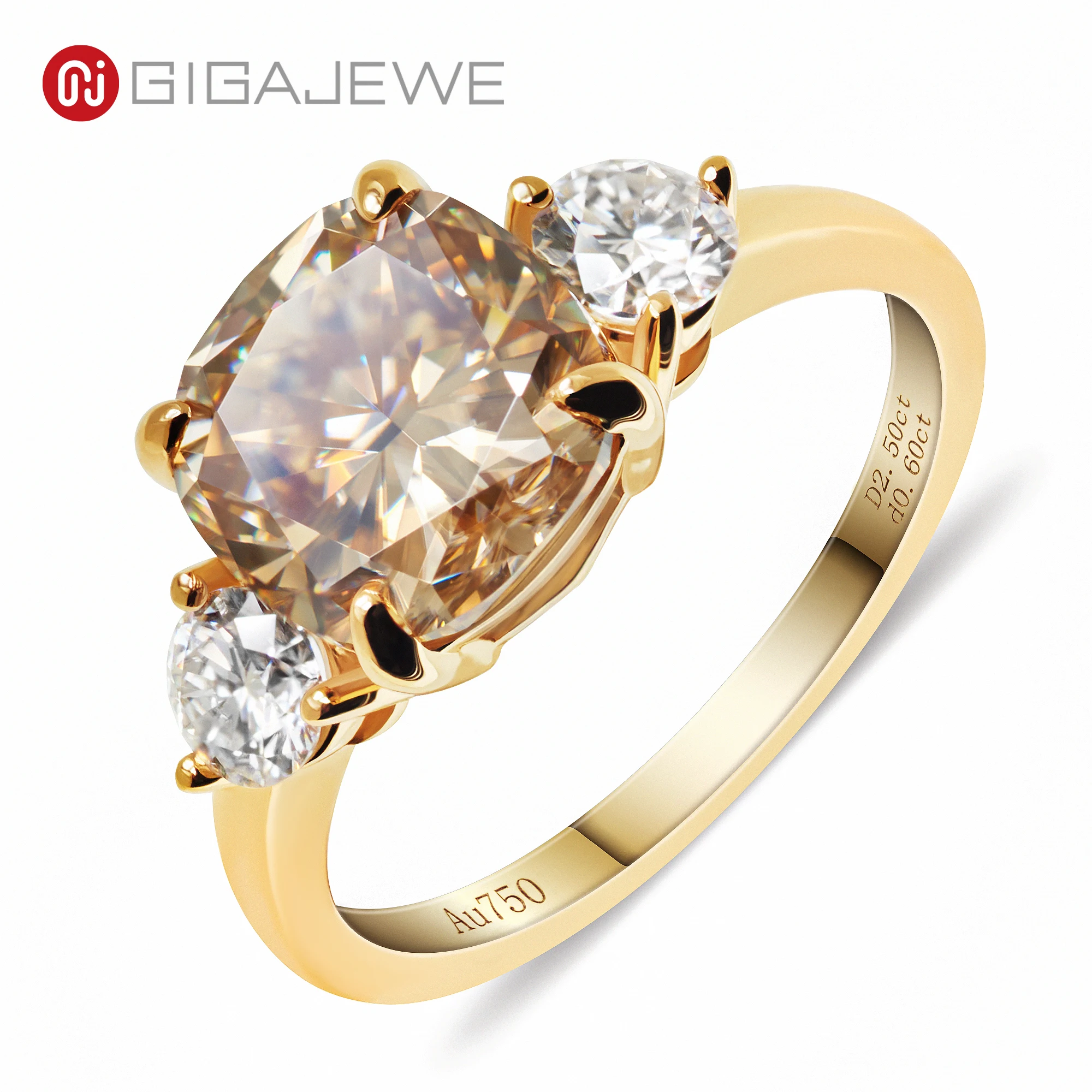 GIGAJEWE Total 3.1ct 8.5mm Yellowish Brown Color Moissanite VVS1 Cushion  Cut 18K Yellow Gold Ring Jewelry Woman Girlfriend Gift