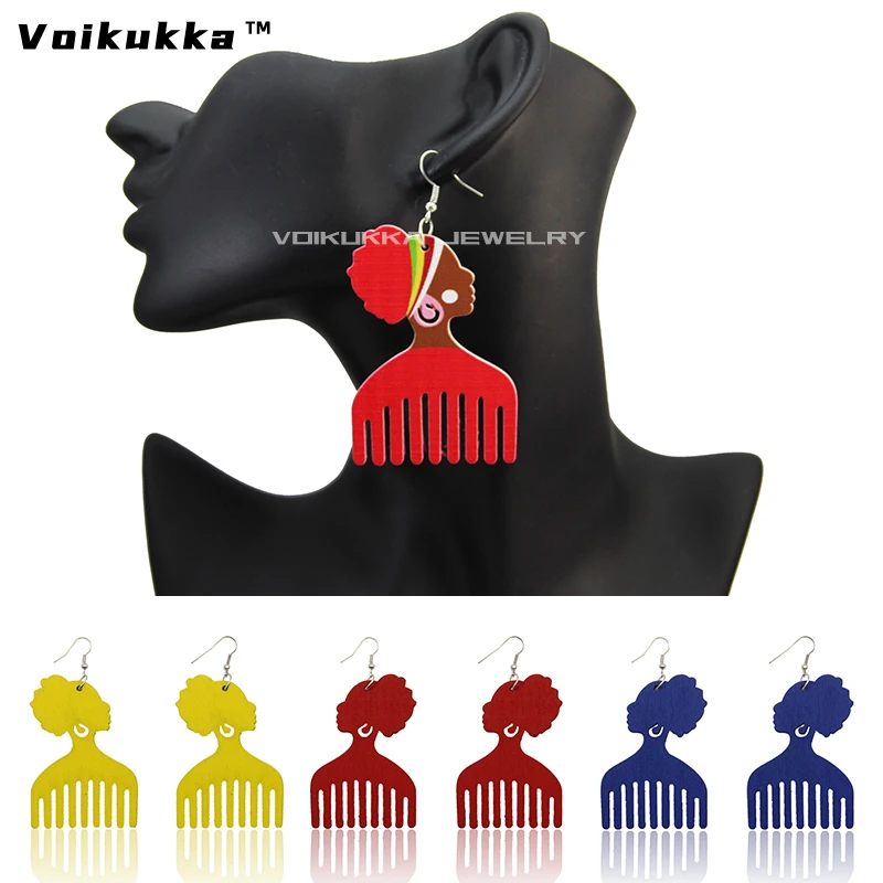 VOIKUKKA Jewelry Laser Cutting Multicolor Comb Shape Wooden Drop African Women Earrings For Gifts