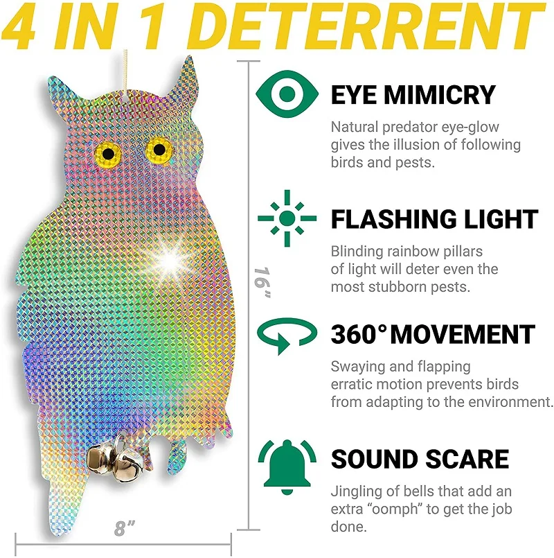 Owl Decoy dispositivo di controllo repellente per uccelli spaventapasseri riflettente appeso picchio deterrente con 4 aste a spirale e 4 gufi