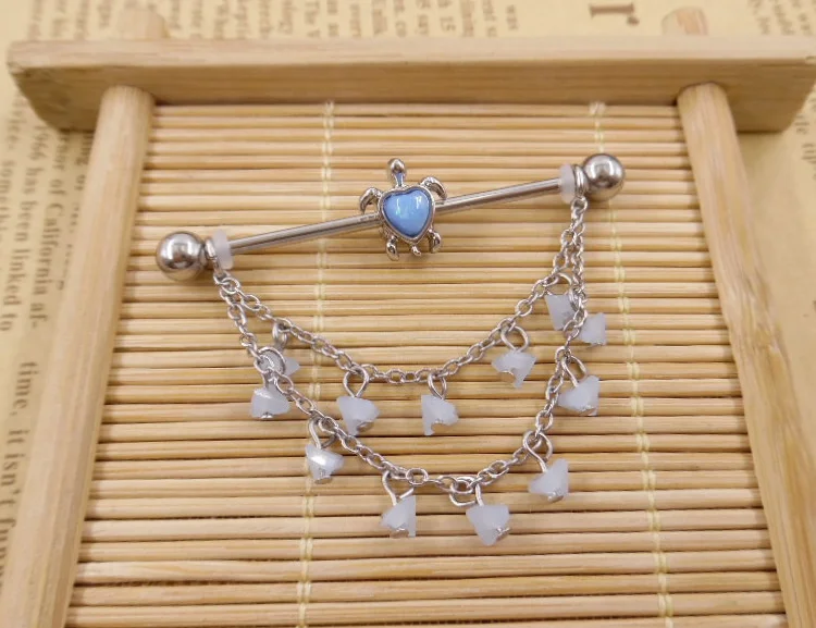 2022 Newest 8 Styles 14G Stainless Steel 14 Gauge Rainbow Moon Bead Triple Chain Dangle Industrial Barbell 38mm