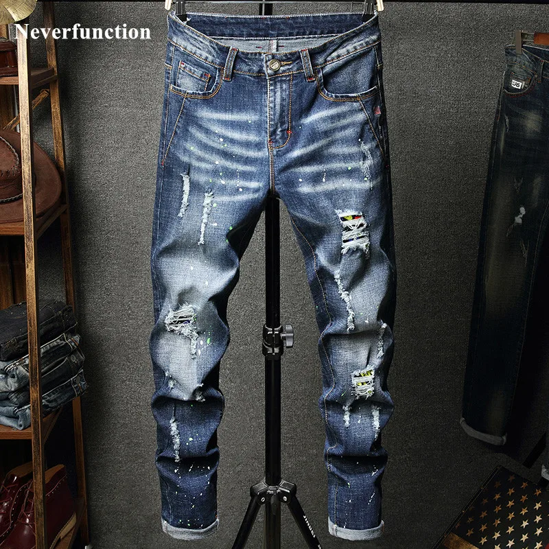 

2023 Men Hip Hop Ripped distressed Stretch Slim Fit Jeans Trousers streetwear man holes Ink printed Casual beggar Denim pants