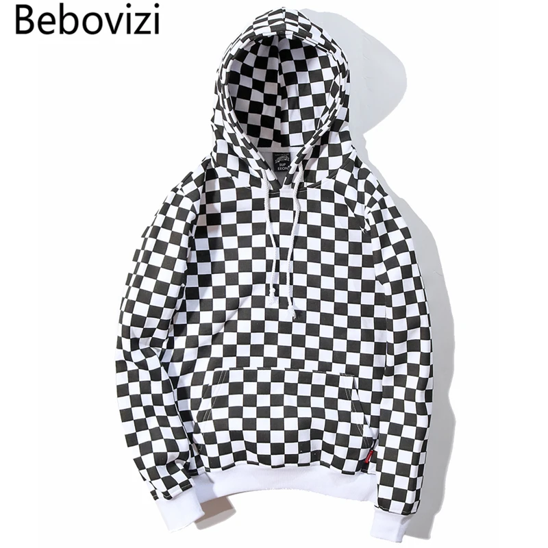 Bebovizi 2021 Mens Hip Hop Hoodie Sweatshirt Checkerboard Plaid Hoodie Streetwear Harajuku Fleece Hooded Pullover Hipster