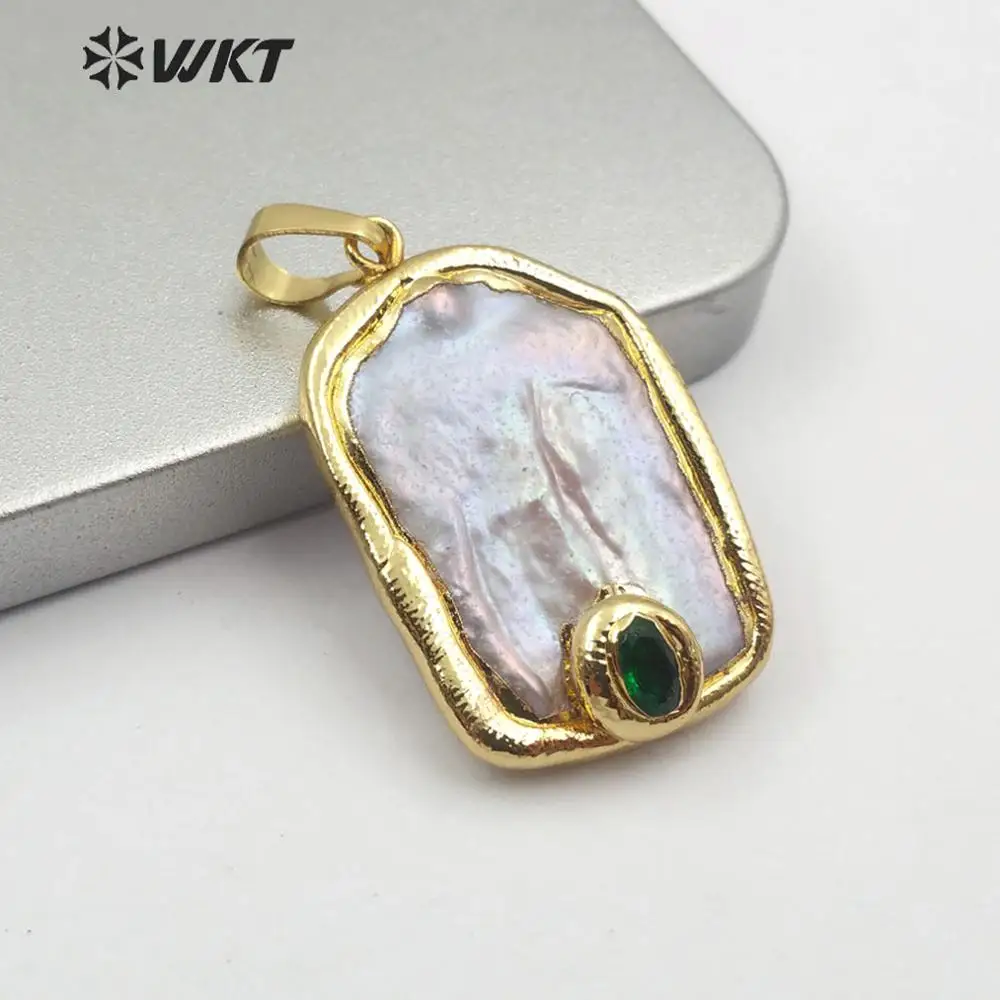 

WT-JP156 Wholesale Price Natural Pearl With Colorful Stone Pave Gold Pendant Square Irregular Shape Jewelry Accessories