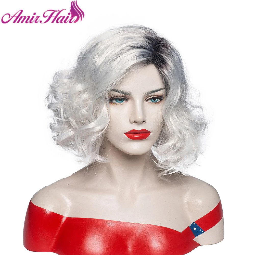 

Amir Hair Short Wavy Synthetic Wigs Ombre Blonde Platinum Brown Afro Wig With Highlights Heat resistant for Women Black Cospaly