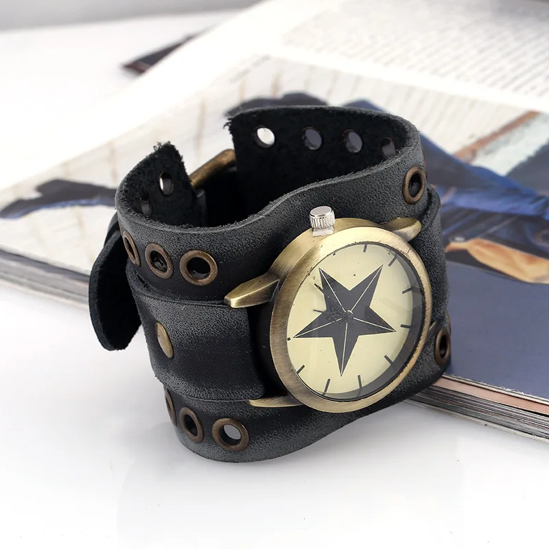 Mens Retro Schwarz Uhr Luxus Quarz Stern Uhr Breite Kuh Leder Punk Armband Sport Uhr Herren Geschenk Relogio naviforce Masculino