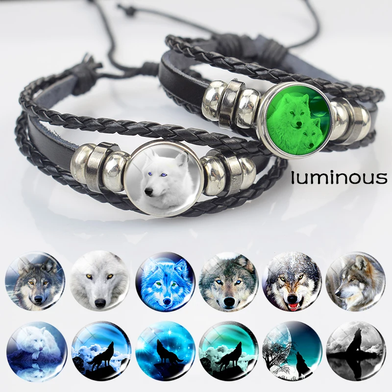 Luminous White Wolf Multi-Layered Braided Bracelet Handmade Wolf Art Picture Glass Dome Black Leather Men Bracelets Jewelry Gift