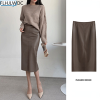 Fake Leather Pu Skirt High Waist Bandage Hip One-Step Retro Temperament Girls Women Solid Fashion Mid-lLength Split Slit Skirts