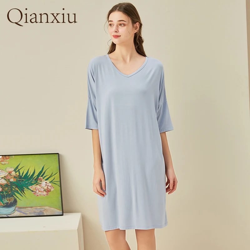 2021Women's Robe Baboo Fiber Round Collar Short Sleeve Nightdress  Ladies Sexy Sleepwear  Plus Size Pajamas Night Wear Camisola