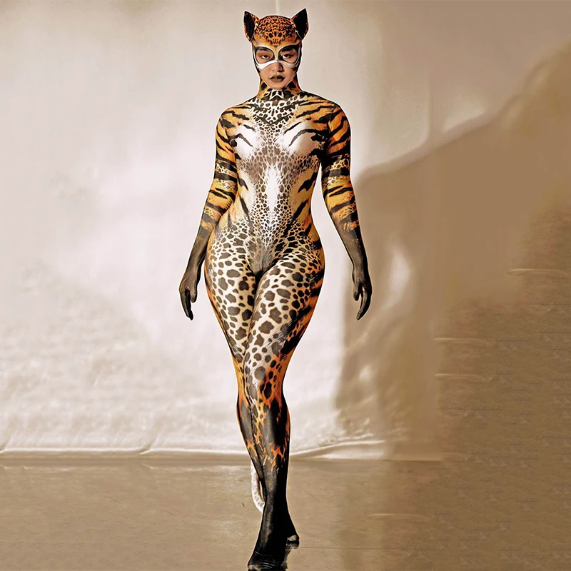 Cat Print Skinny Jumpsuit Sexy Zentai Female Party Outfit Women Party Show Performance Stage Wear Halloween Cosplay Costume