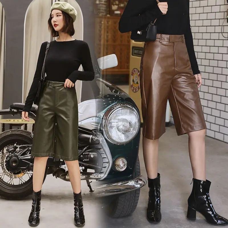 

Fashion Leather Pants Women High Waist Knee Length Fall Winter Straight Wide Leg PU Leather Knee Length pants Women's Vintage