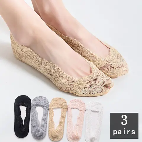여성용 여름 실리카 젤 레이스 보트 양말, 보이지 않는 코튼 밑창, 미끄럼 방지 슬리퍼, 미끄럼 방지 짧은 양말, 3 쌍