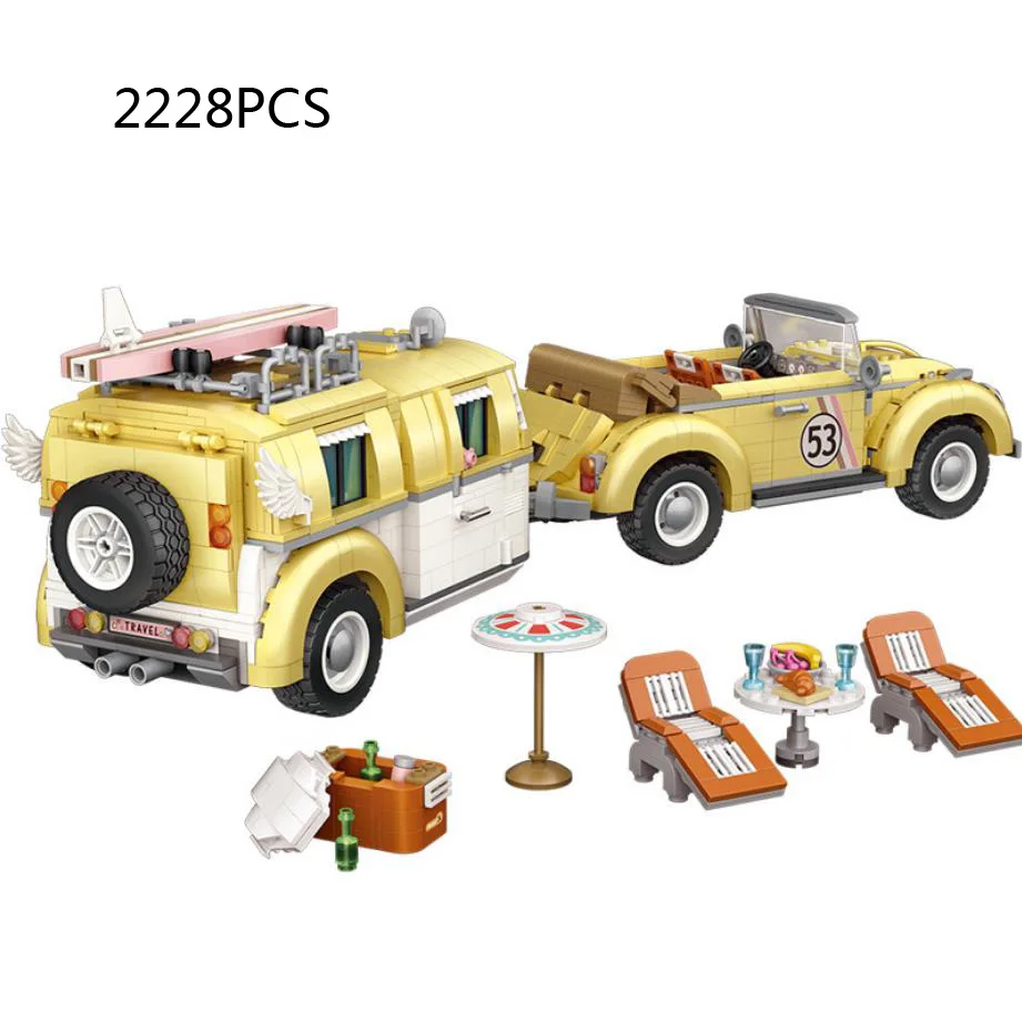 Idea 1:18 Scale Das Auto Beetles Trailer Rv Mini Block Construction Car Model Figures Caravans Building Bricks Toys For Kid Gift