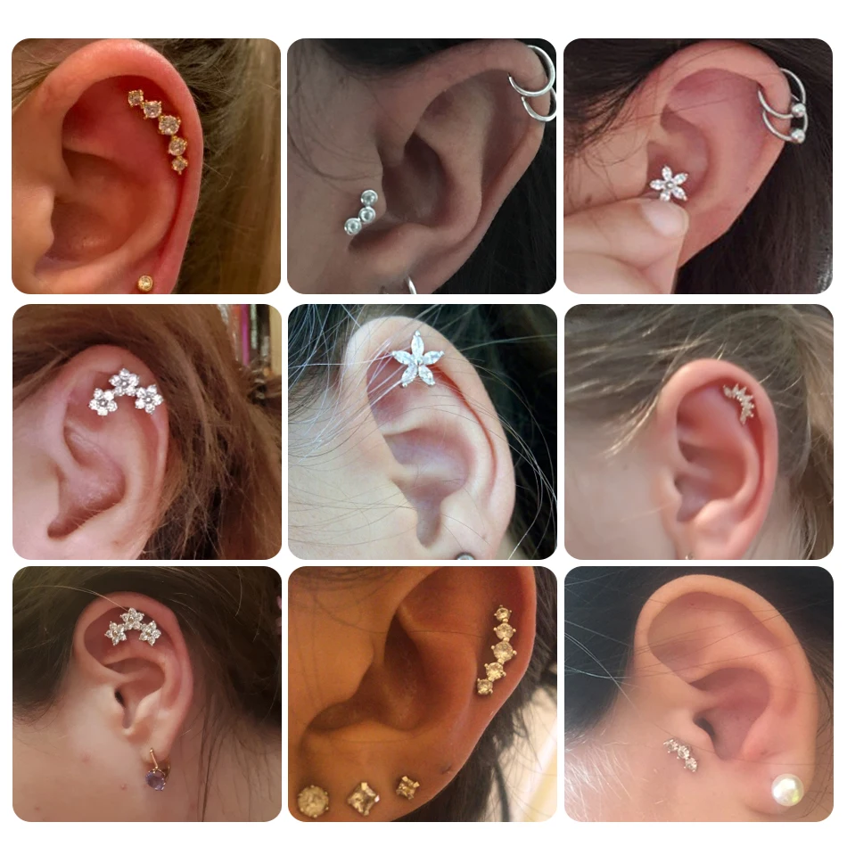 1PC CZ Cartilage Stud Flower Orelha Helix Stud Piercings Gem Tragus Conch Rook Lobe Earring Barbell Piercings Gift Jewelry 16G