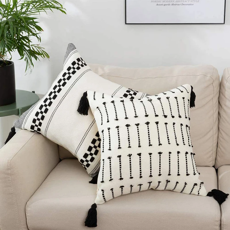 Decoration Cushion Cover 45x45 White Black Plain pillow cover Woven Tassels for Home Sofa Chair Bedroom Living Room Decoration