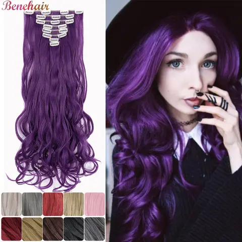 Benehair 긴 웨이브 합성 클립 인 헤어 익스텐션, 웨이브 블랙 퍼플 금발 헤어피스, 여성용 헤어 섬유 2021, 24 인치, 8 개