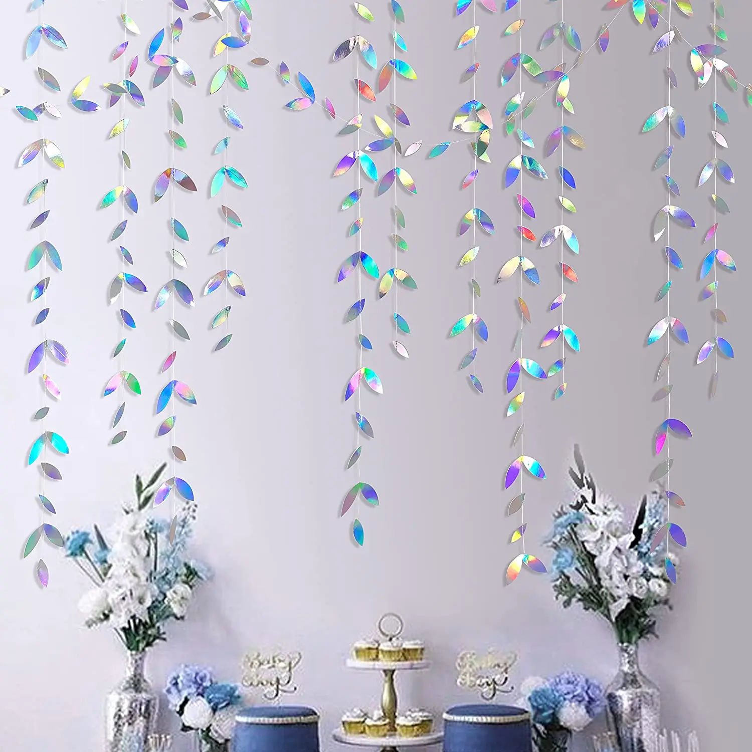 Iridescent Paper Leaf Snowflakes Garland Mermaid Birthday Tea Party Hanging Leaves Star Streamer Xmas New Year Banner Decoration