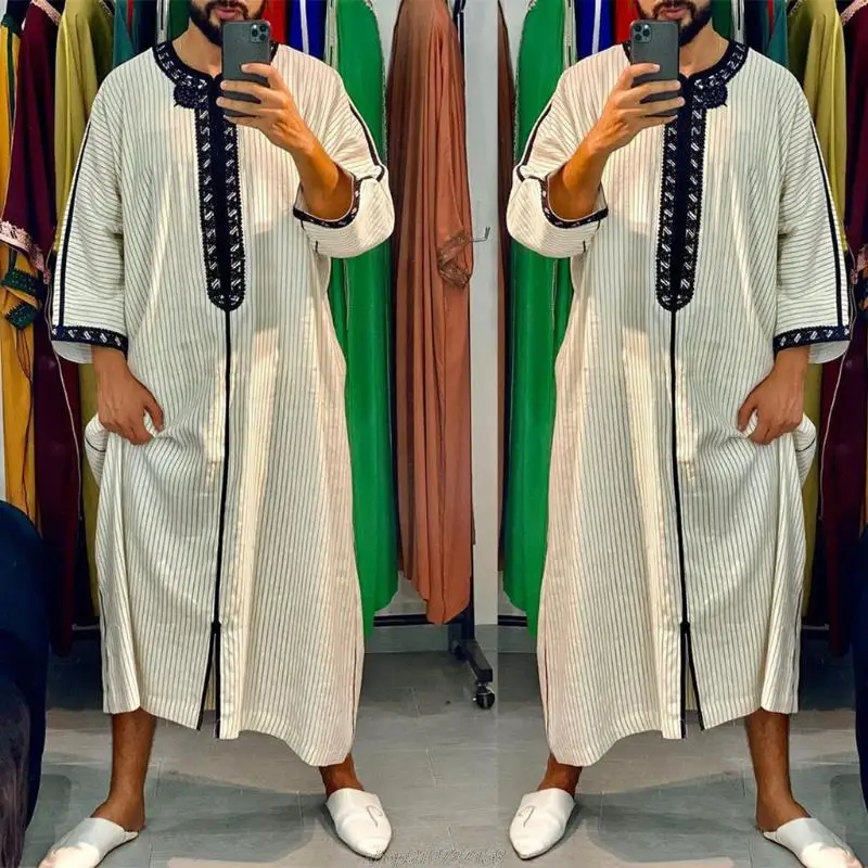 Islamic Clothing Men Robe Kaftan Muslim Man Moroccan Casual Long Dress Arabic Striped Robe Middle East National S13 21 Dropship