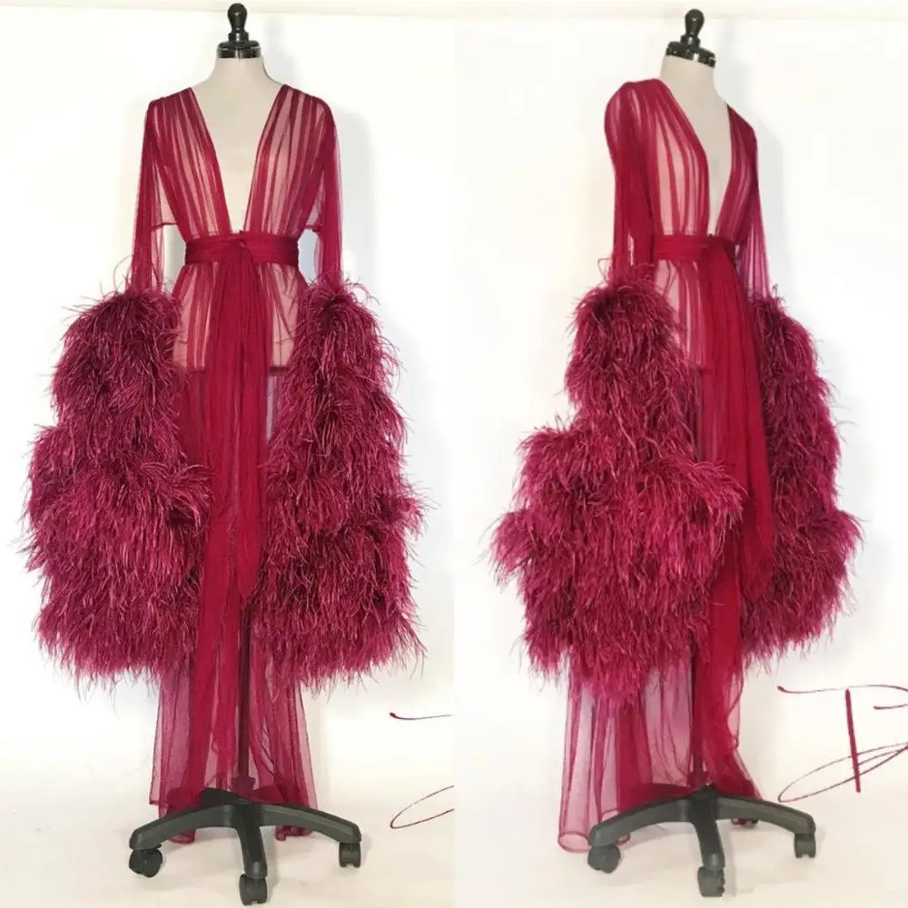 Burgundy Feather Robe Long Sleeves 2020 Fur Party Sleepwear Custom Made Nightgown Robes Puffy Skirt Photography Boudoir Pajamas