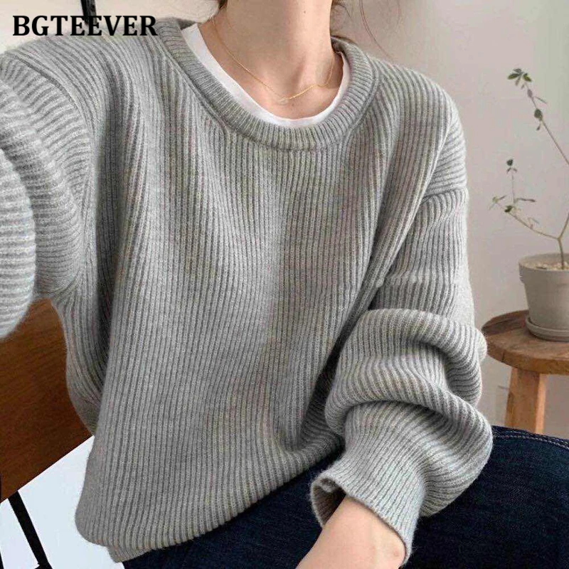 BGTEEVER Autumn Winter Warm Loose Full Sleeve Women Knitted Pullovers Tops Casual O-neck Female Solid Sweaters Jumpers 2021