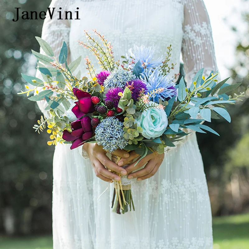 JaneVini 2020 Elegant Wedding Bouquet Handmade Silk Roses Hydrangea Purple Blue Flowers Bridal Hold Bouquet Wedding Accessories