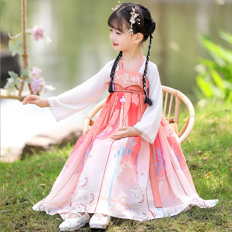 

Autunm New Kids Embroidery Ancient Hanfu Girls Chinese Lovely Traditional Tang Suit Children Photography Perform Costumes