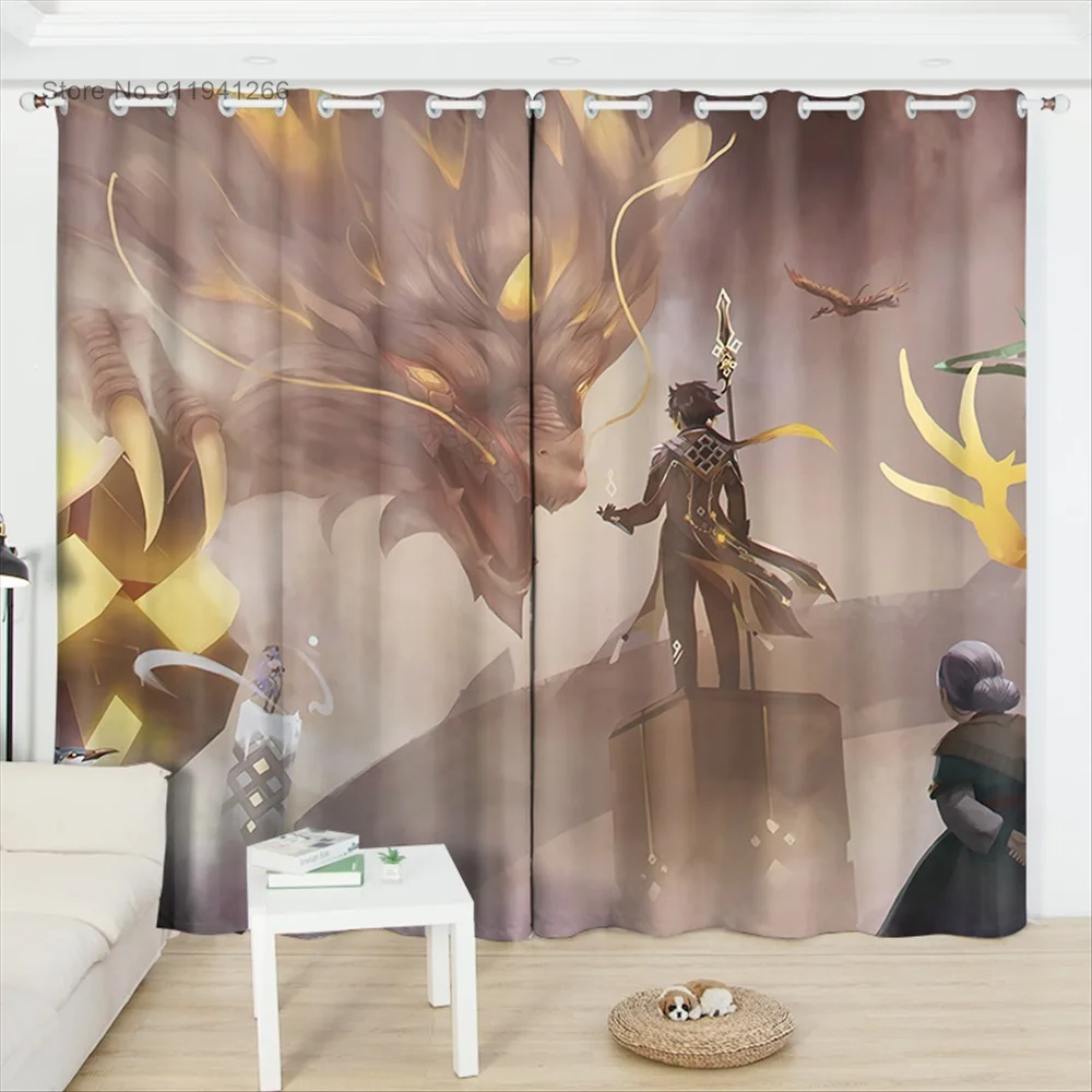 Anime Print Curtains Genshin Impact Kitchen Ultra-thin Micro Shading Curtains for Living Room Bedroom Window Treatments Drapes