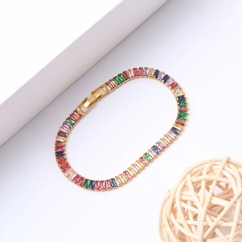 18K Gold Plated Cubic Zircon Adjustable Colorful Bracelets For Women Girls Rainbow CZ Jewelry Best Birthday Party Wedding Gift