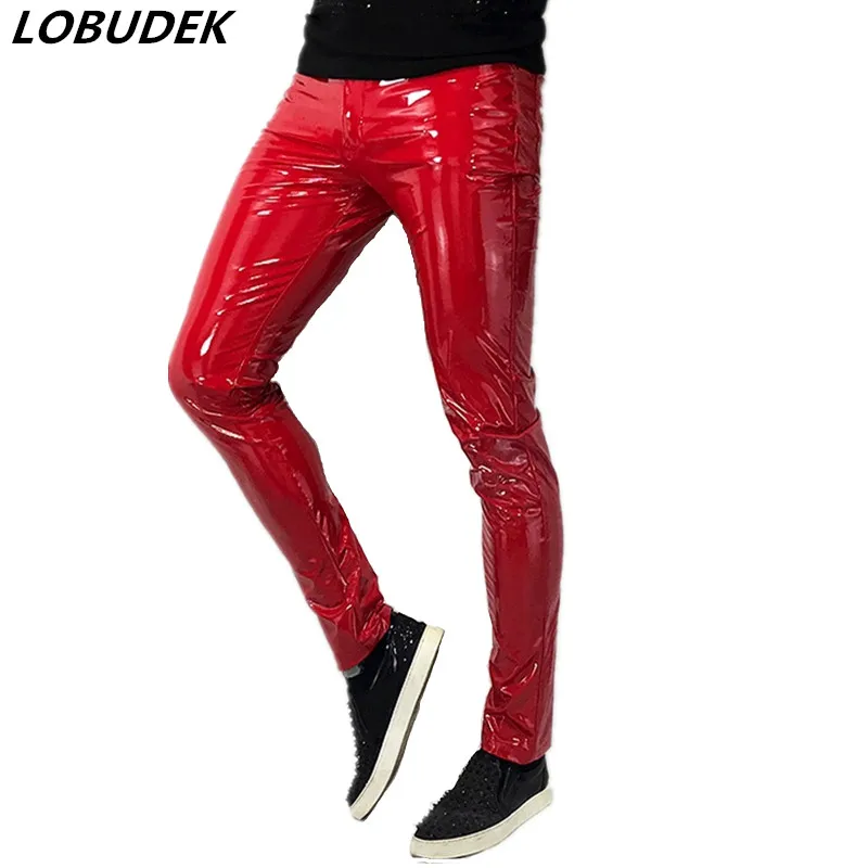 

Red Black Skinny Stretch Leather Pants Tide Male Hip Hop Rock Singer Dancer Motorcycle Leather Trousers Nightclub Stage Wear