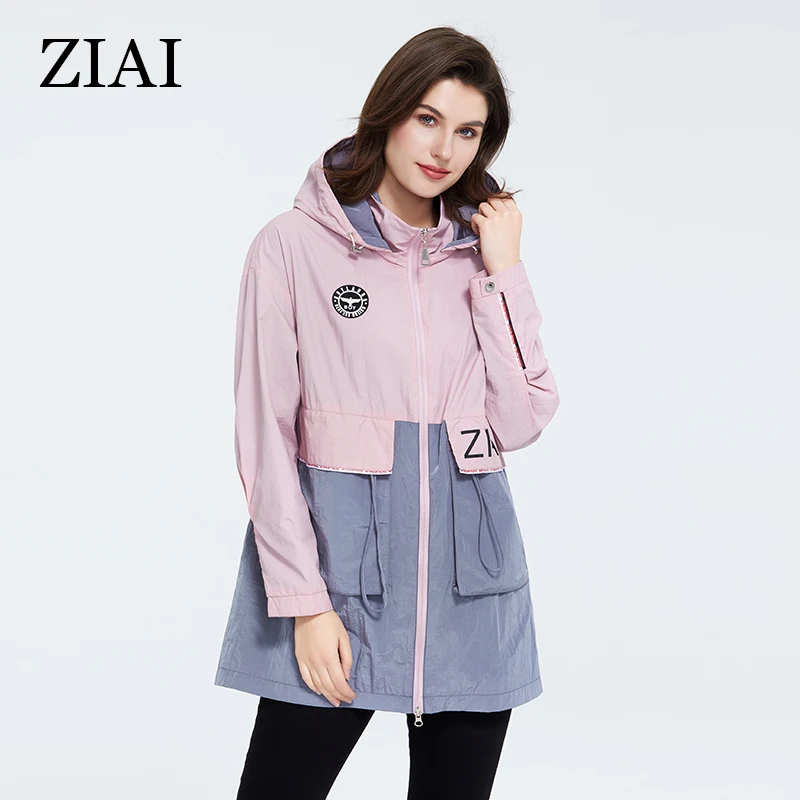 ZIAI 2022 Spring trench coat hooded women  light green fashion mid-length with Big pocket zipper sport female  ZS-3068