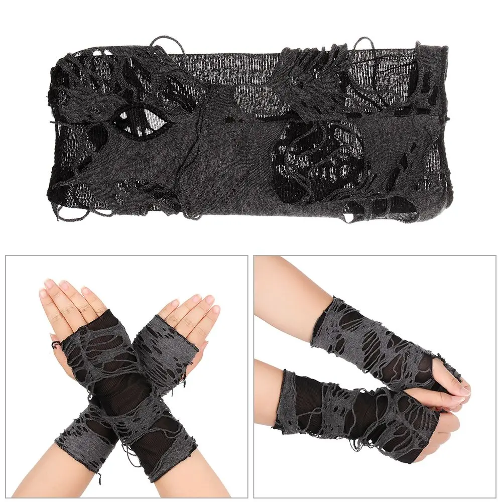 

A Pair Women Halloween Punk Hole Long Gloves Gothic Black Fingerless Gloves Arm Warmer Beggar Cosplay