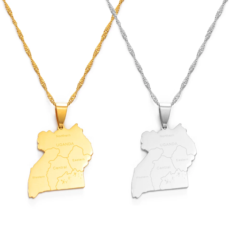 Anniyo Uganda Map & Cities Pendant Necklace Gold Color Silver Color Jewelry Ugandan Maps  #155321