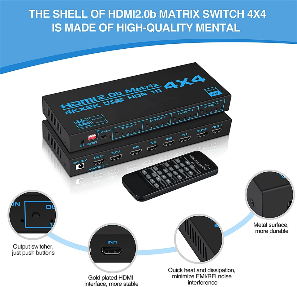 4x4 HDMI-compatible Matrix Switch Splitter with SPDIF & L/R 3.5mm HDR HDMI-compatible Switch 4x2 Support HDCP 2.2 ARC 3D 4K@60Hz