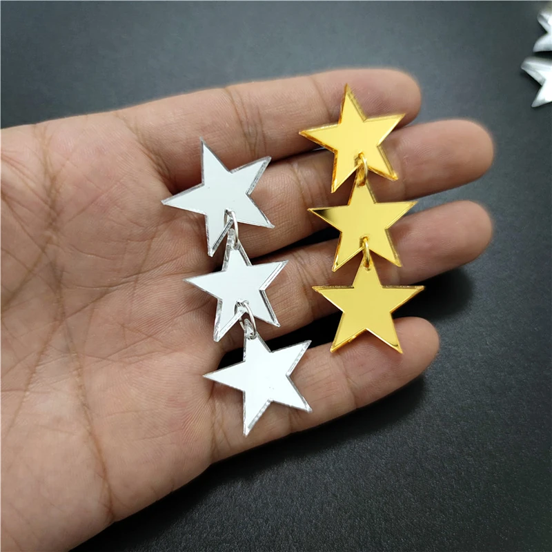 KUGUYS Shiny 3 Stars Earrings for Women Mirror Gold Silver Color Acrylic Jewelry Trendy Fashion Accessories