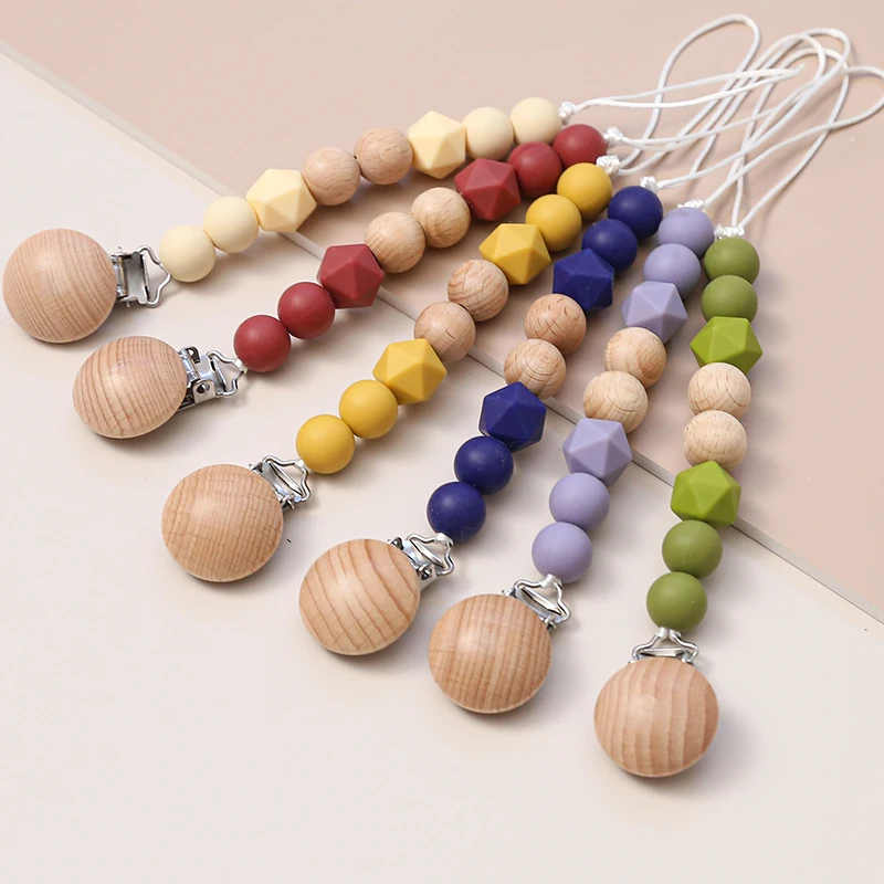1Pc Baby Pacifier Chain Dummy Clips Holder Elephant Wooden Clip Crochet Beads Baby Teether Teething Chain Necklace Bracelet