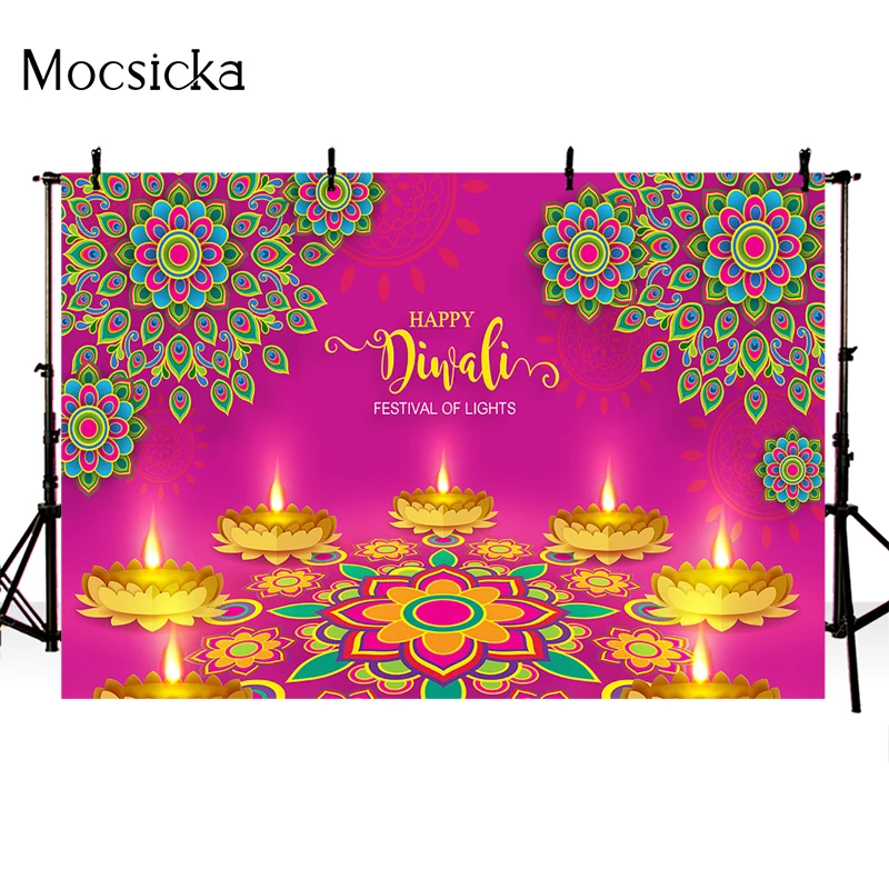 Mocsicka Happy Diwali Backdrop Festival Of Lights Backgrounds For Photo Studio Gold Lotus Party Decor Photography Backdrops