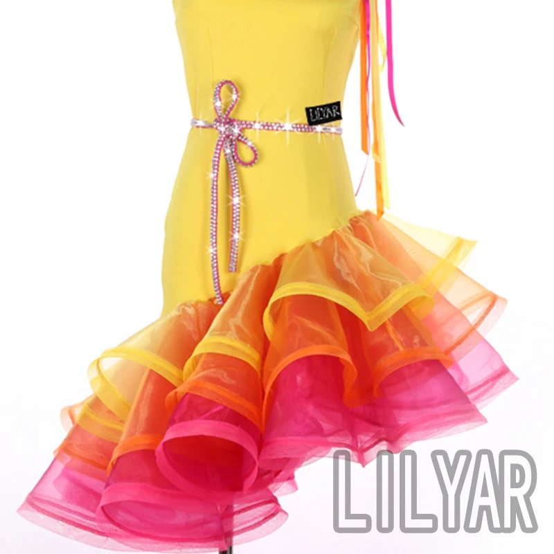 Latin Competition Performance Skirt Sparkling Diamond Customized Yellow Oblique Children\'s Dance Skirt