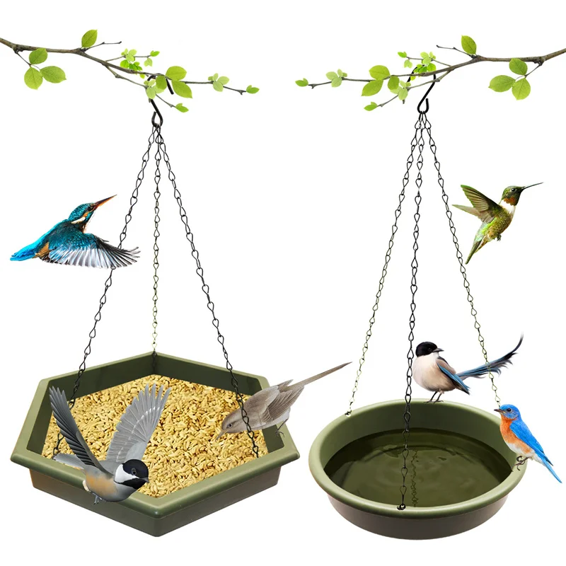 

2 In 1 Outdoor Garden Hanging Bird Bath Trays Garden Bird Feeding Tray For Outside Courtyard Decoration Pet Feeding Tools